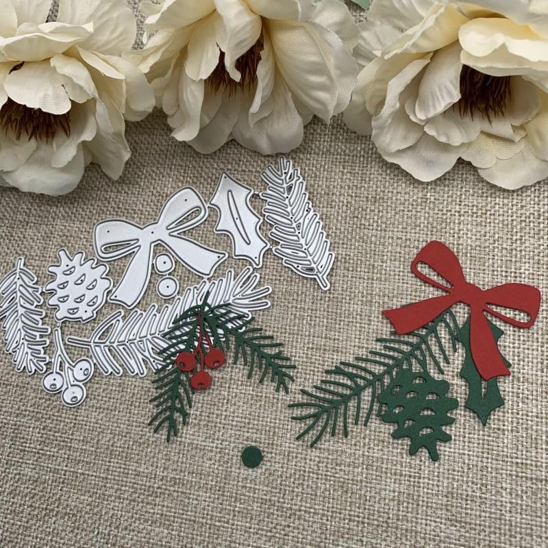 Lapoo Christmas Metal Cutting Die for Scrapbooking, 3D Backgrounds Frame New Cutting Dies DIY Album Card Making Decor Paper Metal Die Cuts Party Decorations (Bows and Pine Branches 4.8 x 2.4 in) - Image 1